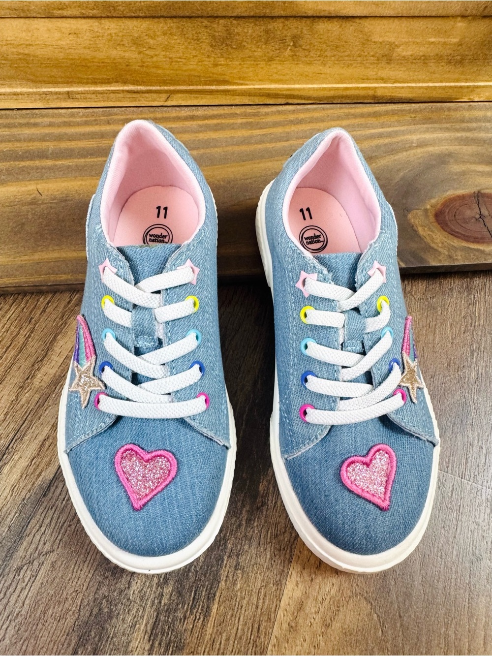Wonder Nation Girls Denim Sneakers with cute patch accents Size 11